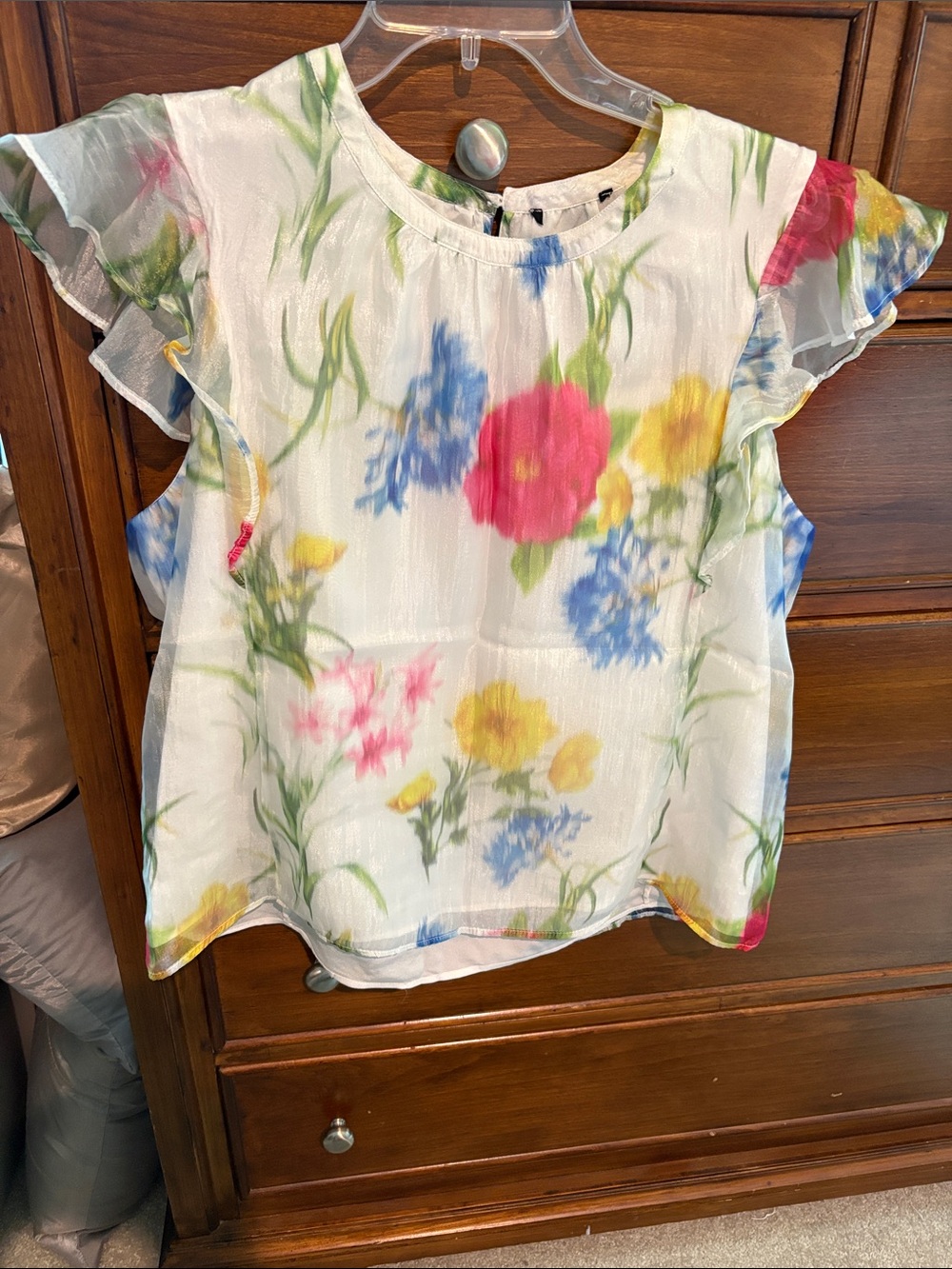 Sheer Floral Flutter-Sleeve Blouse in White with Pink, Yellow & Blue Flowers